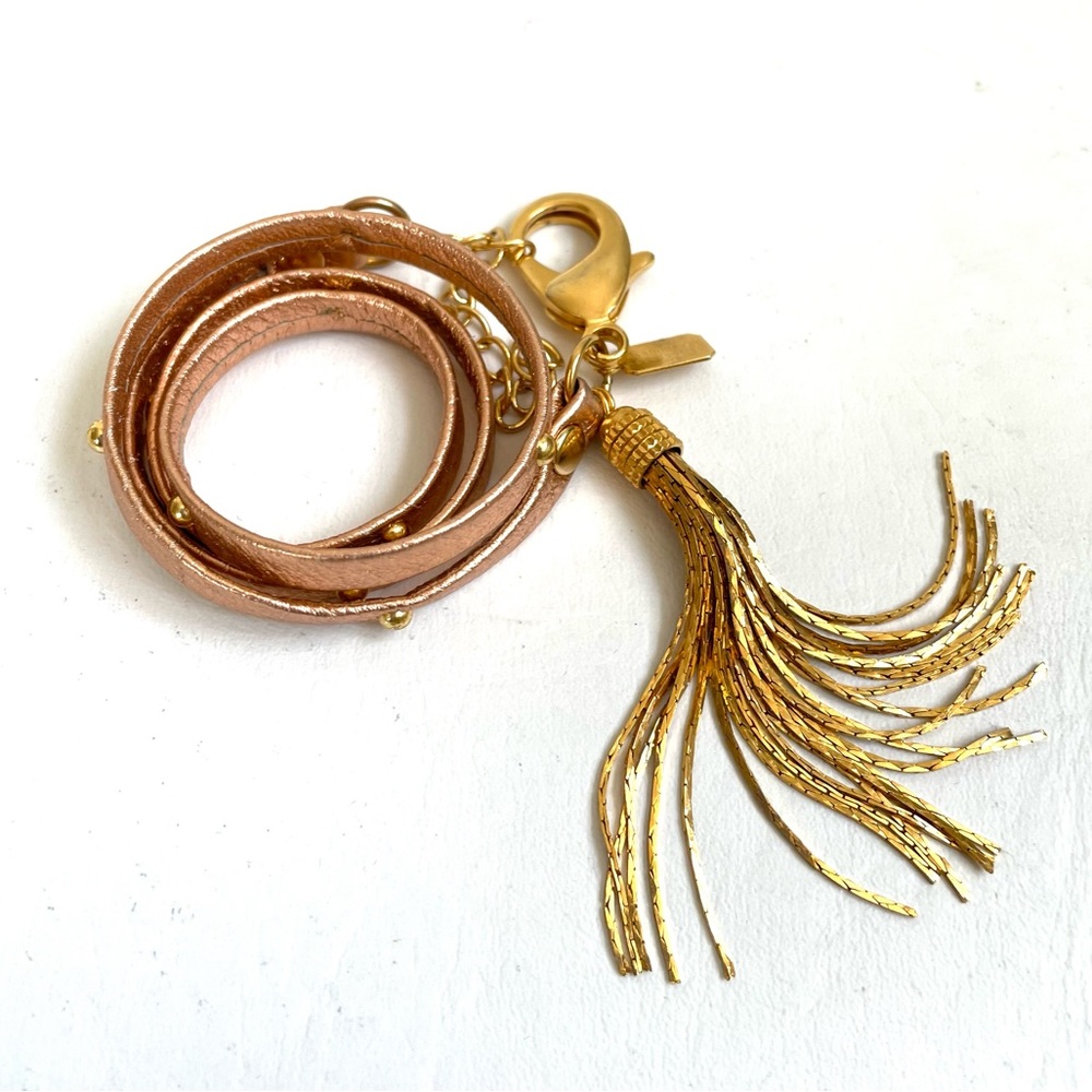 ARTISAN LEATHER ROSE GOLD TRIPLE WRAP BRACELET TASSEL STUDS CHUNKY LOBSTER CLAW